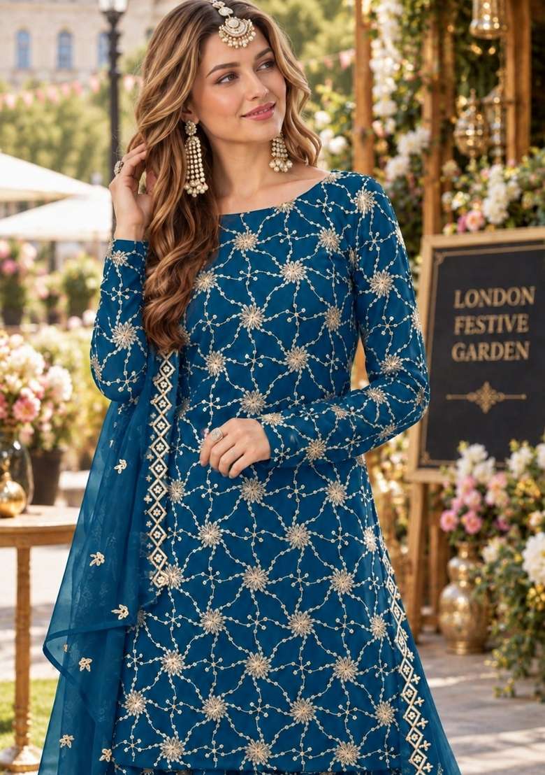 Teal Blue Embroidery Georgette Kurta Set - Indya