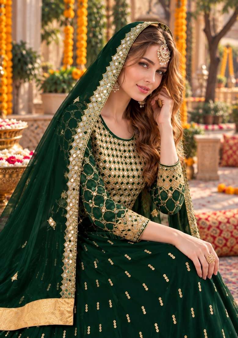 Dark Green Embroidery Georgette Anarkali Set - Indya