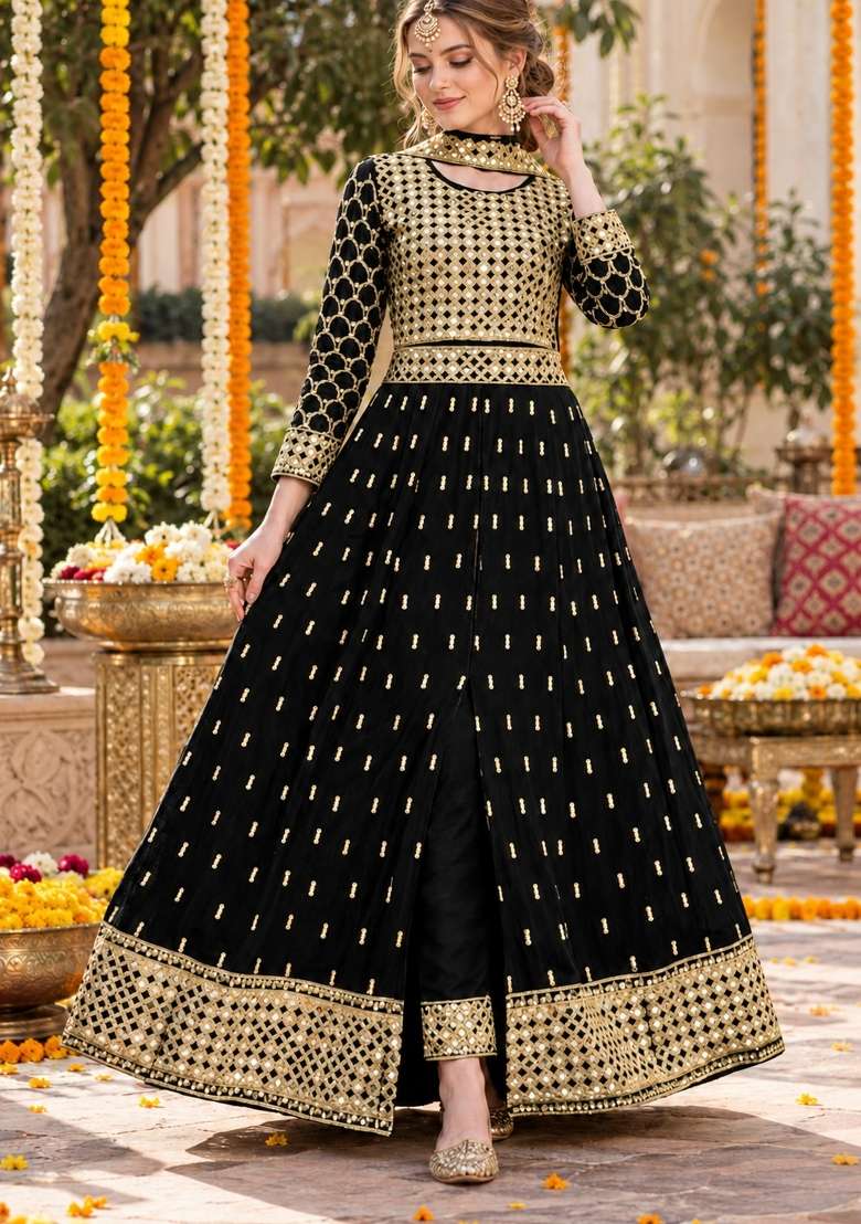 Black Embroidery Georgette Anarkali Set - Indya