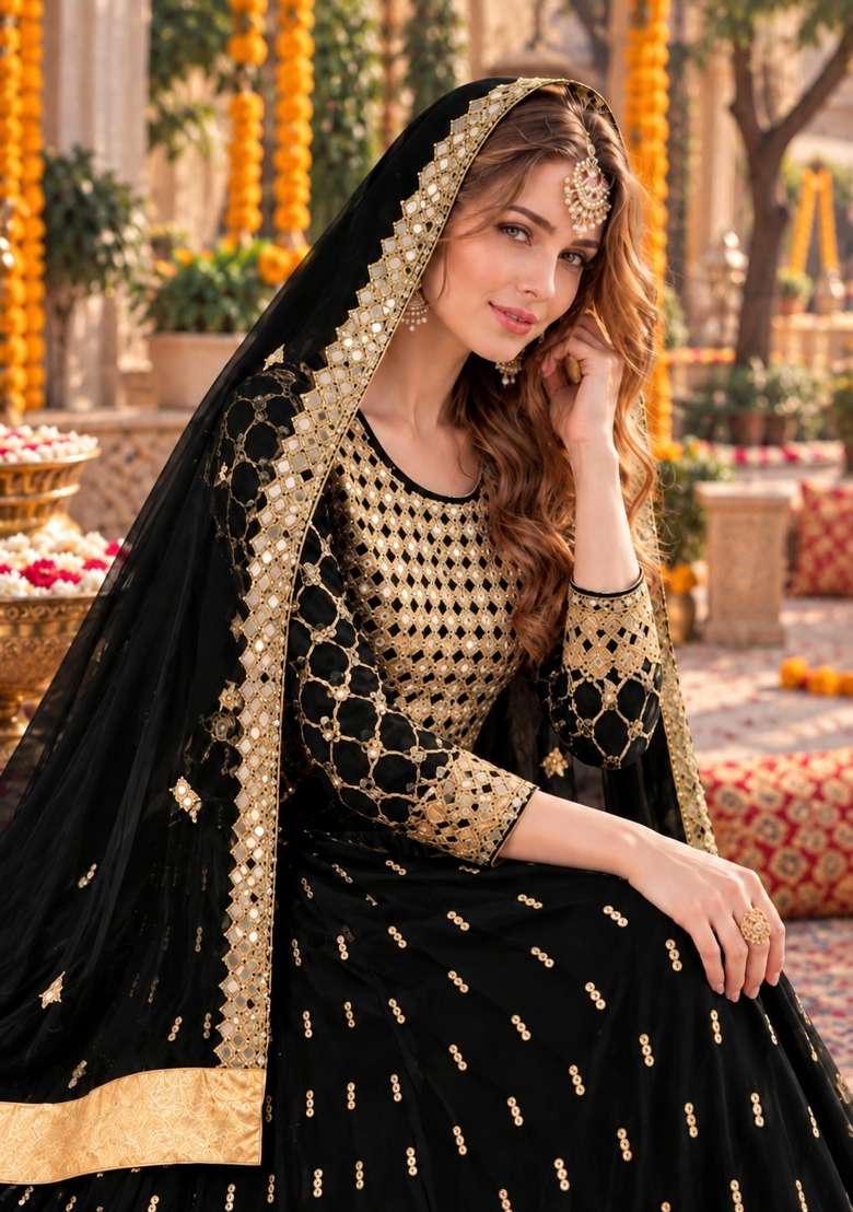 Black Embroidery Georgette Anarkali Set - Indya