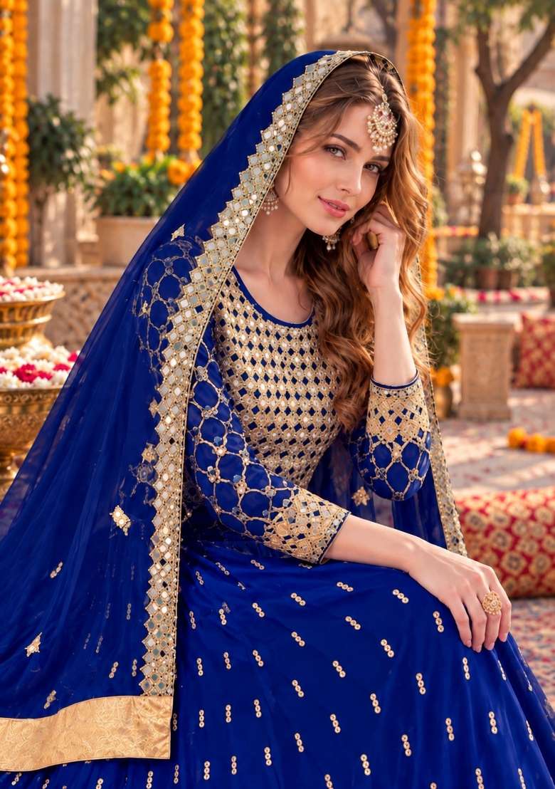 Navy Blue Embroidery Georgette Anarkali Set - Indya