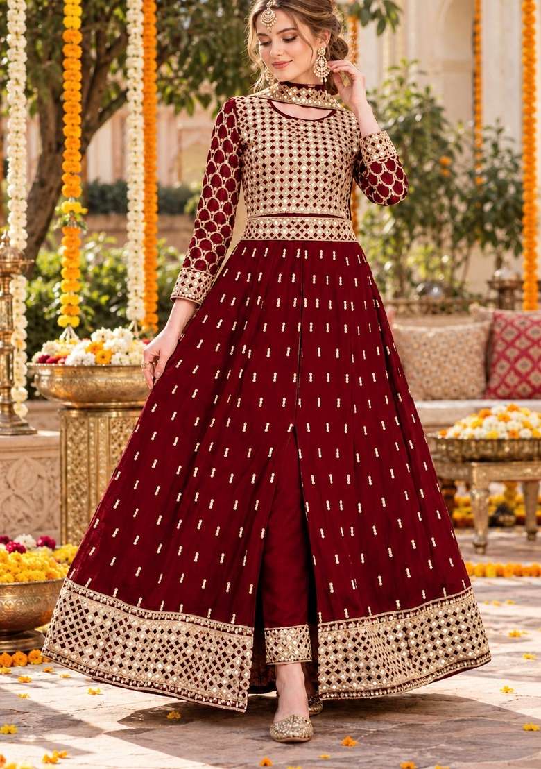 Red Embroidery Georgette Anarkali Set - Indya