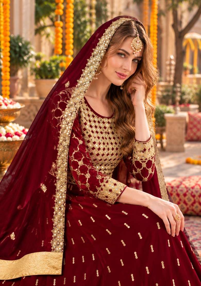 Red Embroidery Georgette Anarkali Set - Indya