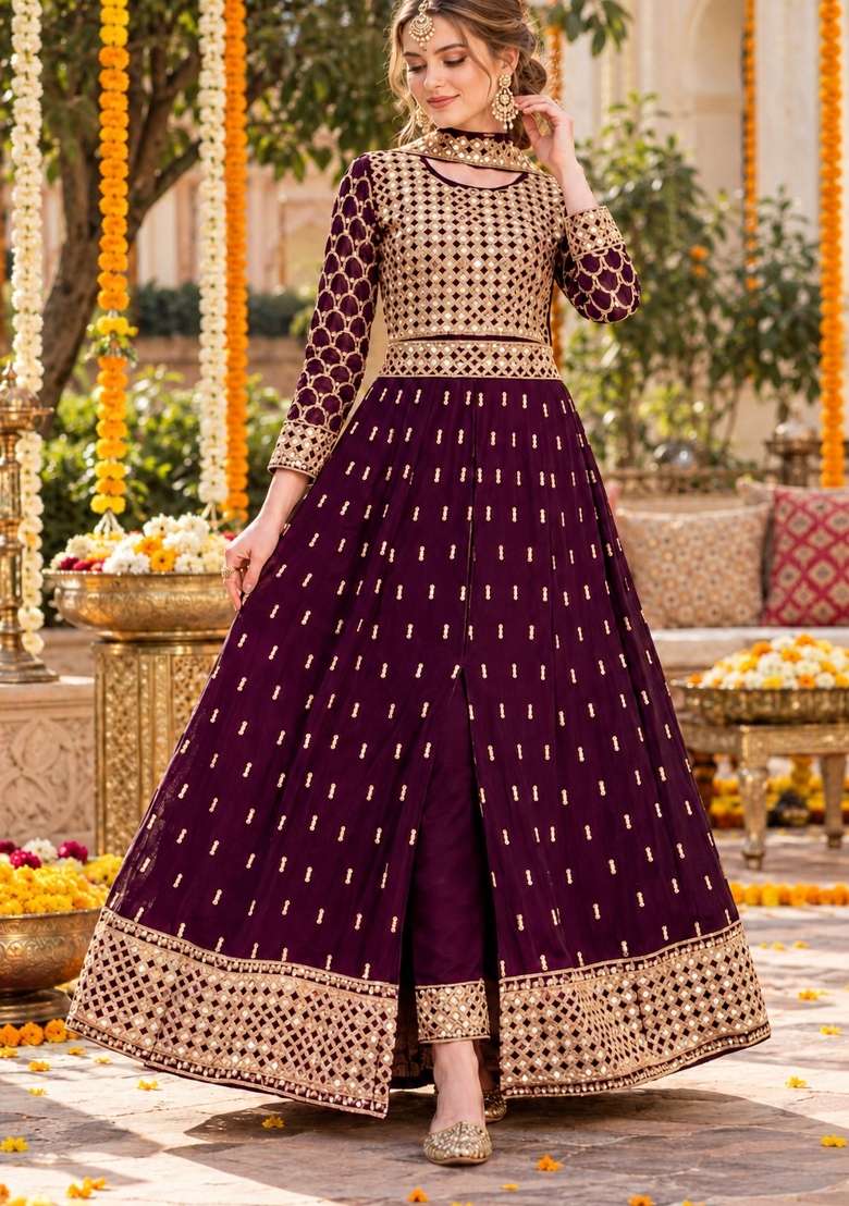 Purple Embroidery Georgette Anarkali Set - Indya