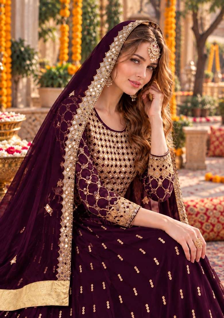 Purple Embroidery Georgette Anarkali Set - Indya