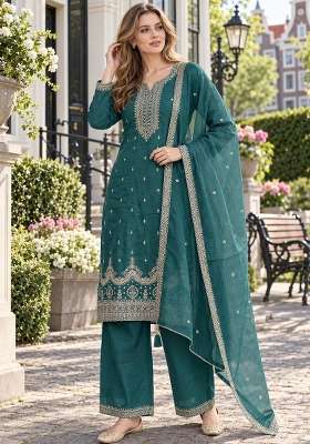 Teal Green Embroidery Silk Kurta Set