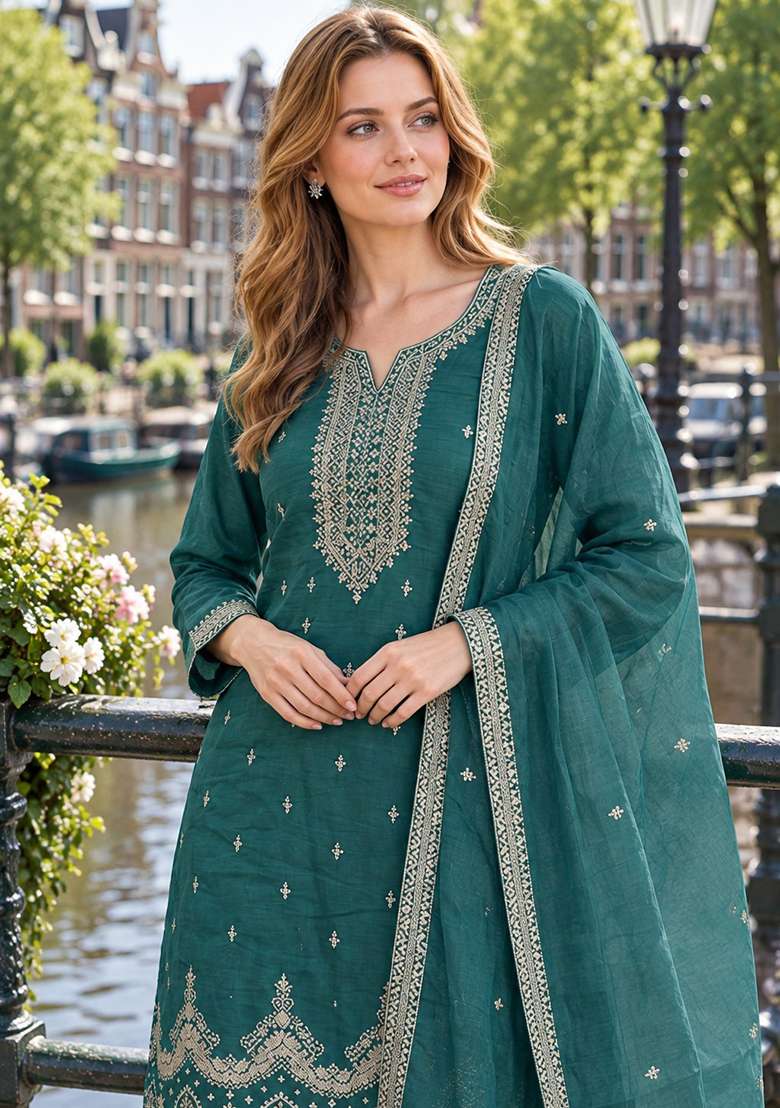 Teal Green Embroidery Silk Kurta Set - Indya