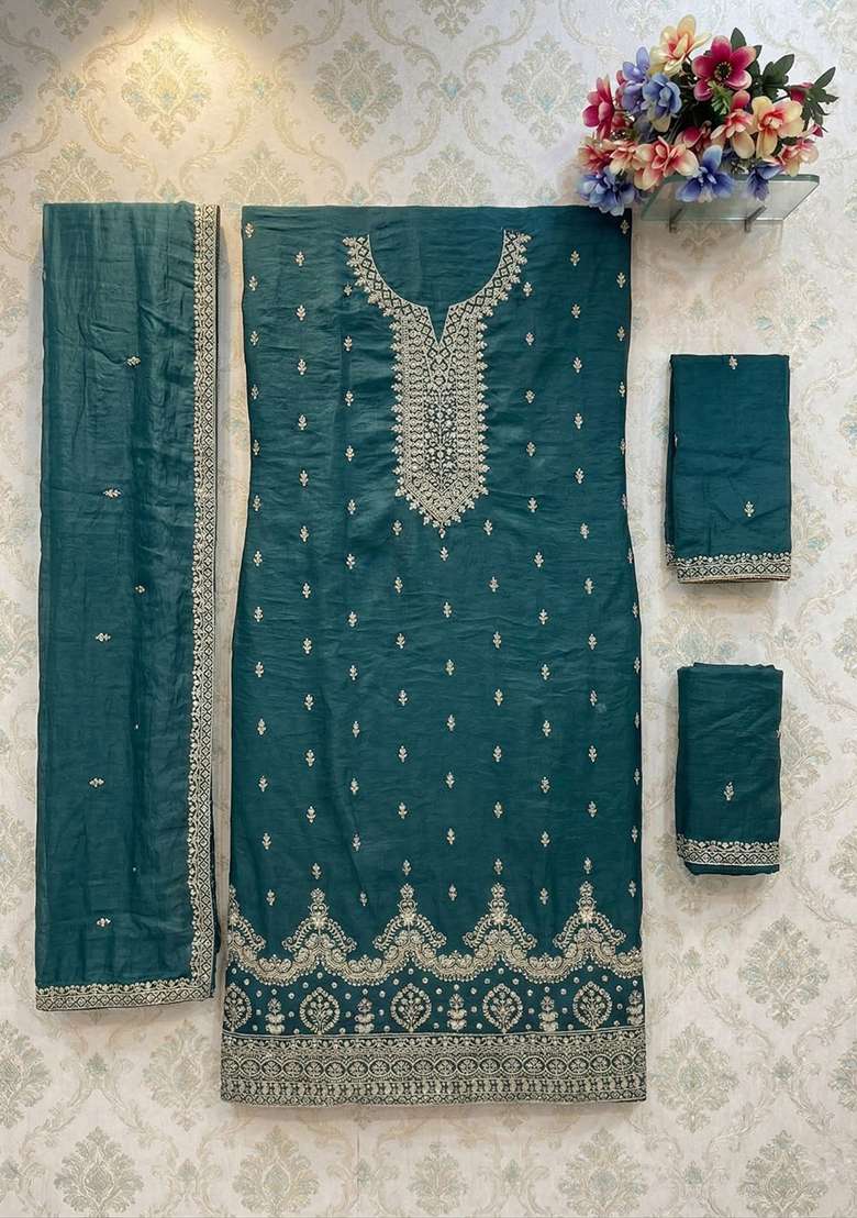 Teal Green Embroidery Silk Kurta Set - Indya