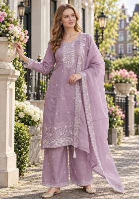 Lavender Embroidery Silk Kurta Set