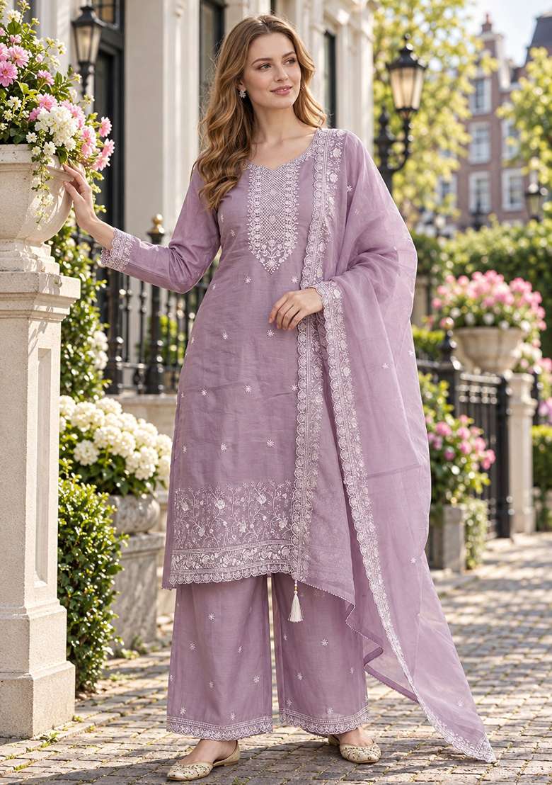 Lavender Embroidery Silk Kurta Set - Indya