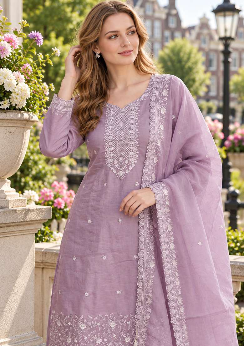 Lavender Embroidery Silk Kurta Set - Indya