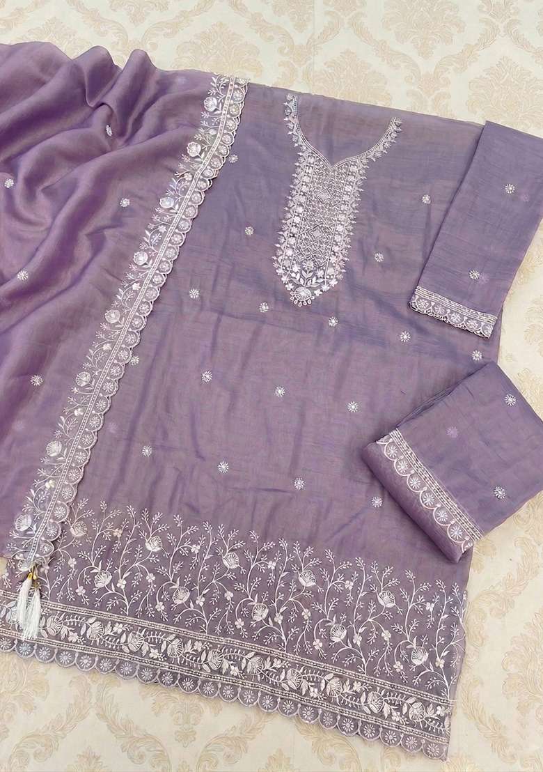 Lavender Embroidery Silk Kurta Set - Indya