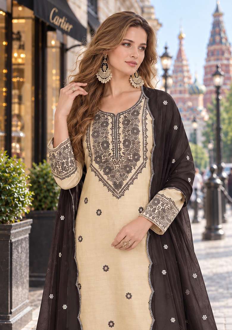 White Embroidery Santoon Kurta Set - Indya
