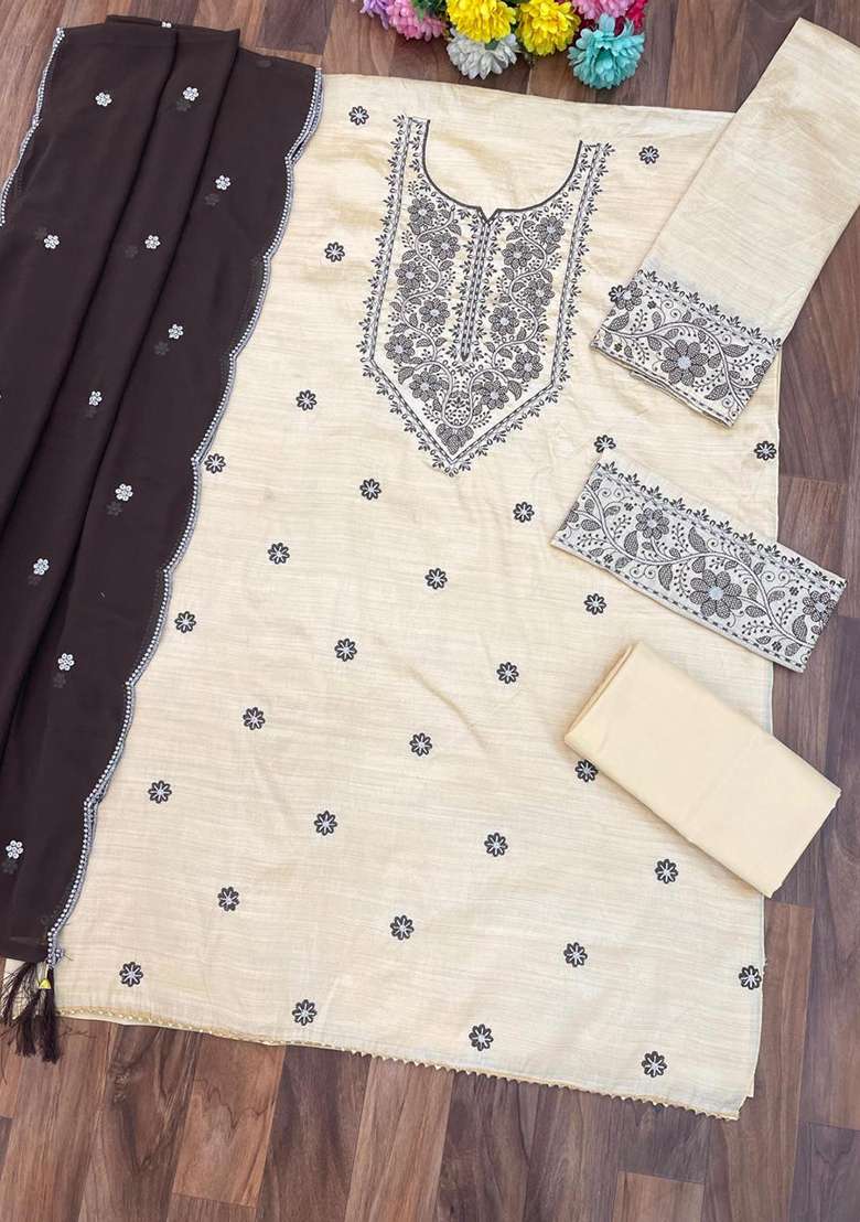 White Embroidery Santoon Kurta Set - Indya