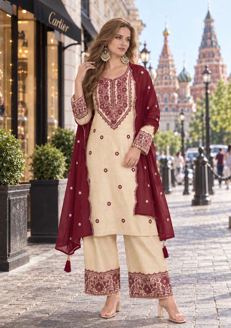 White Embroidery Santoon Kurta Set - Indya