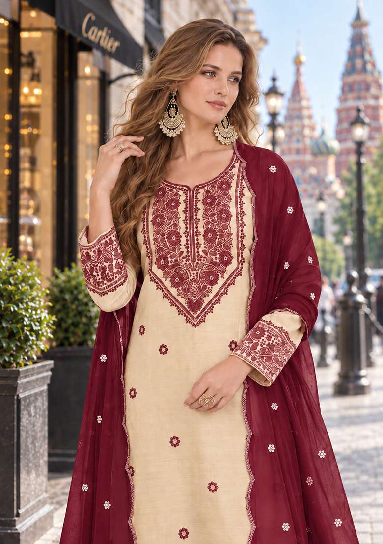 White Embroidery Santoon Kurta Set - Indya