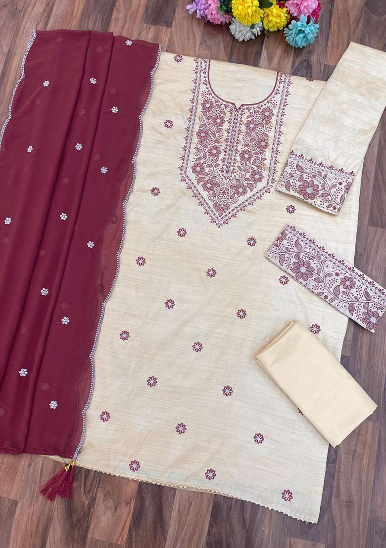 White Embroidery Santoon Kurta Set - Indya