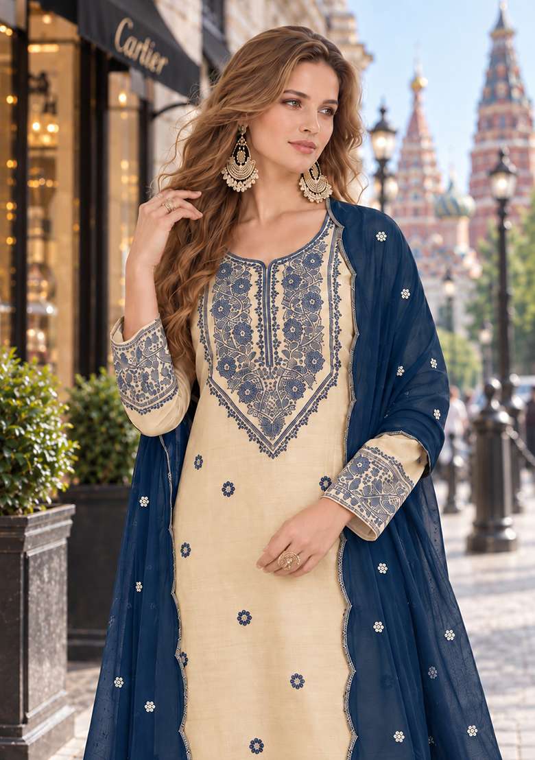 White Embroidery Santoon Kurta Set - Indya