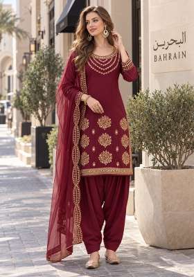 Maroon Embroidery Silk Kurta Set