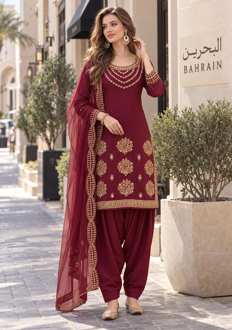 Maroon Embroidery Silk Kurta Set - Indya