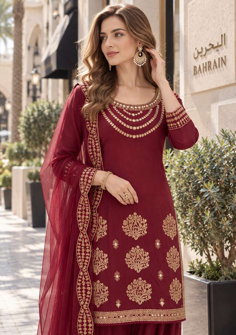 Maroon Embroidery Silk Kurta Set - Indya