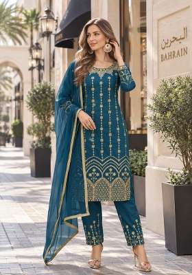Teal Blue Embroidery Silk Kurta Set