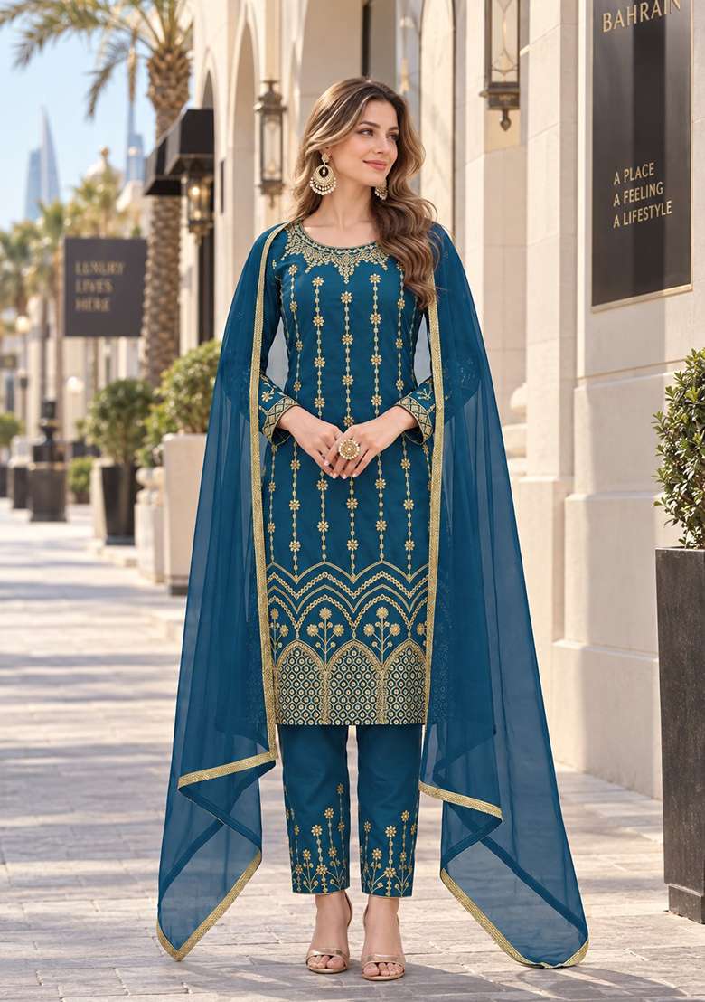 Teal Blue Embroidery Silk Kurta Set - Indya