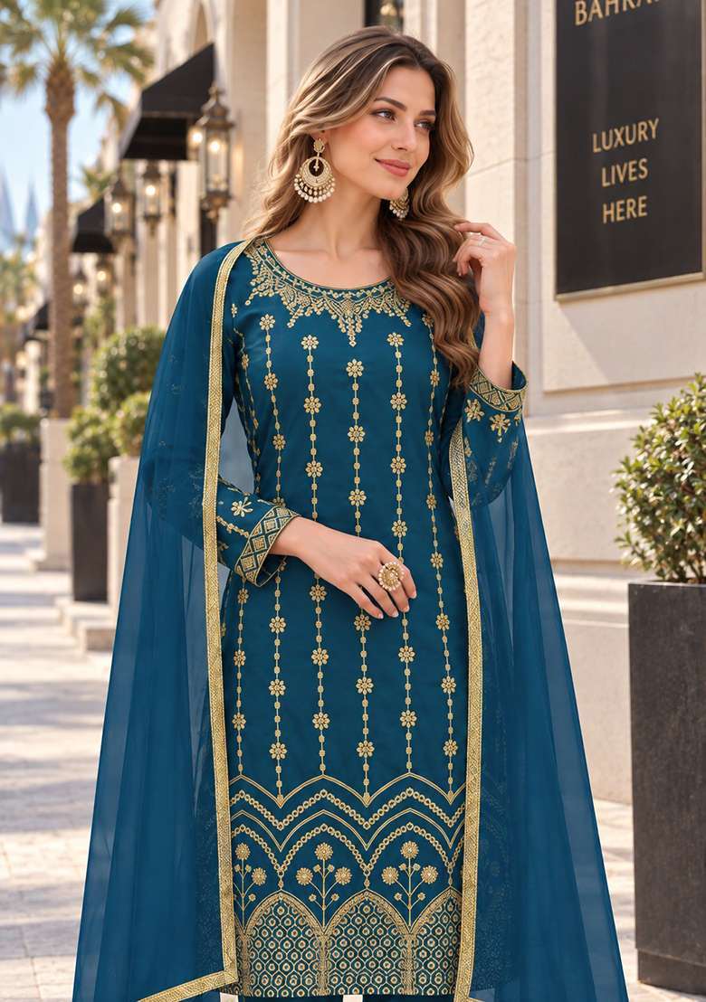 Teal Blue Embroidery Silk Kurta Set - Indya