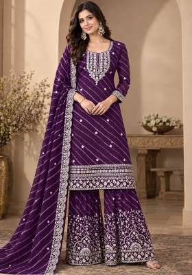 Purple Embroidered Georgette Kurta Set