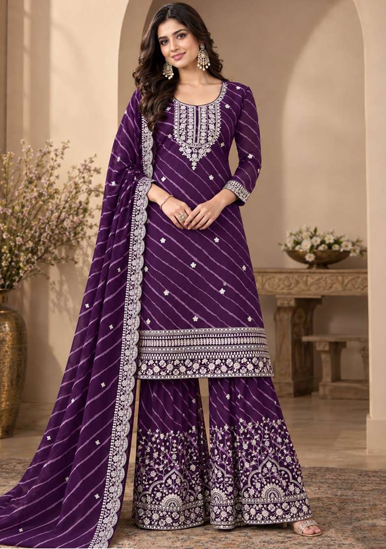 Purple Embroidered Georgette Kurta Set - Indya