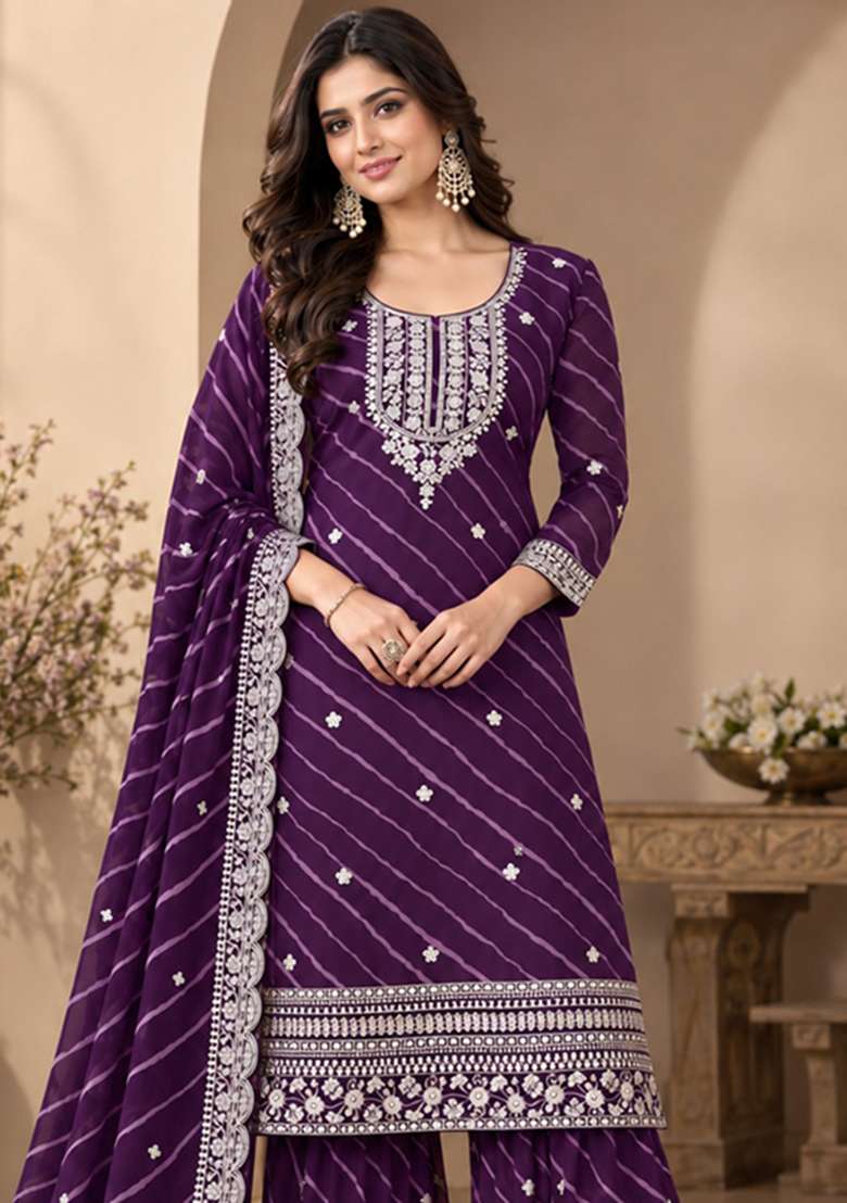 Purple Embroidered Georgette Kurta Set - Indya