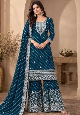 Teal Blue Embroidered Georgette Kurta Set