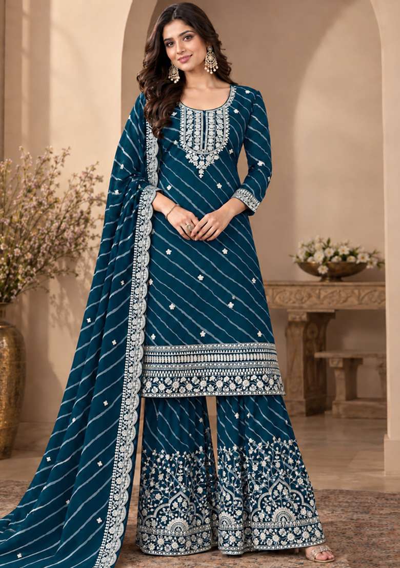 Teal Blue Embroidered Georgette Kurta Set - Indya
