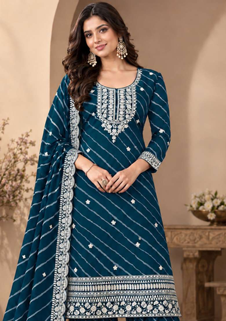 Teal Blue Embroidered Georgette Kurta Set - Indya