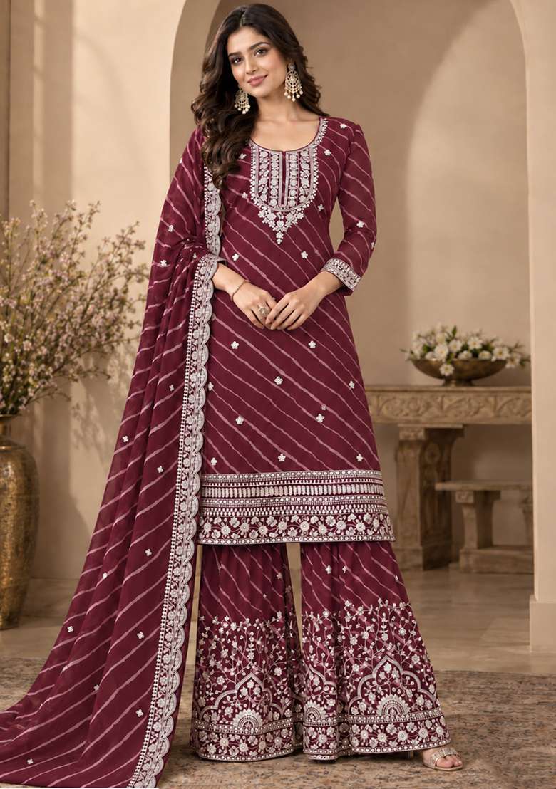 Maroon Embroidered Georgette Kurta Set - Indya