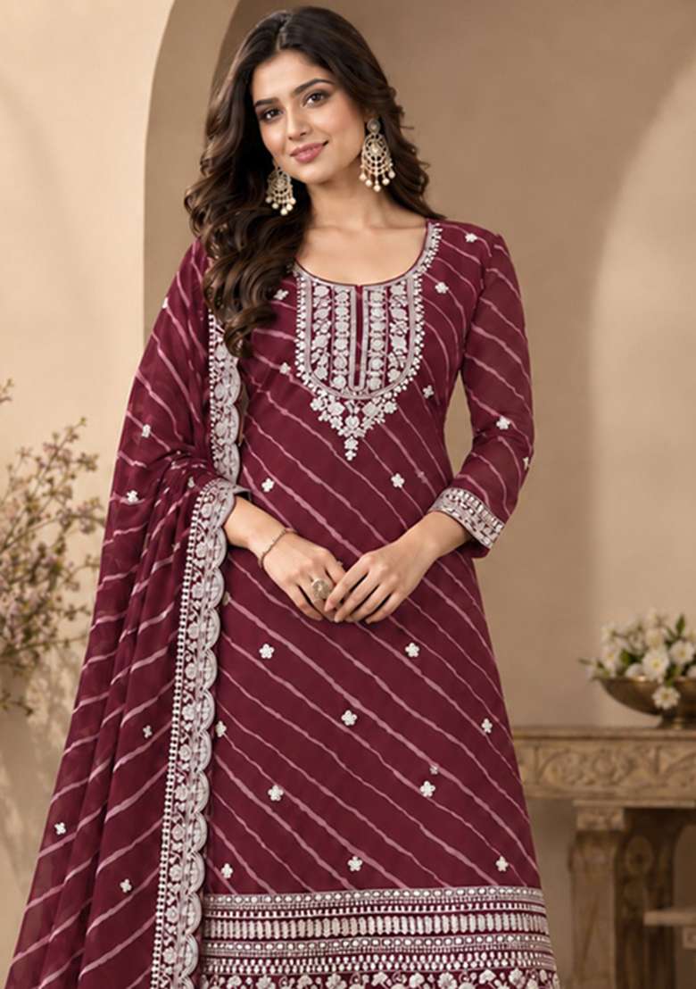 Maroon Embroidered Georgette Kurta Set - Indya