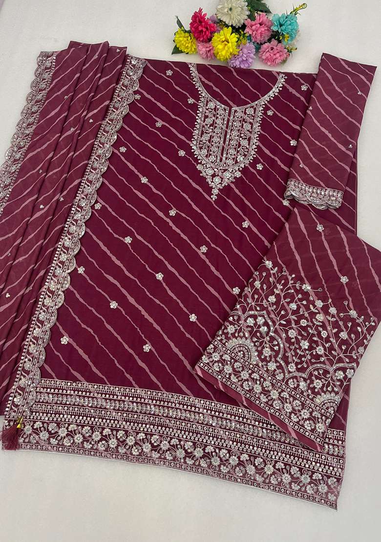 Maroon Embroidered Georgette Kurta Set - Indya