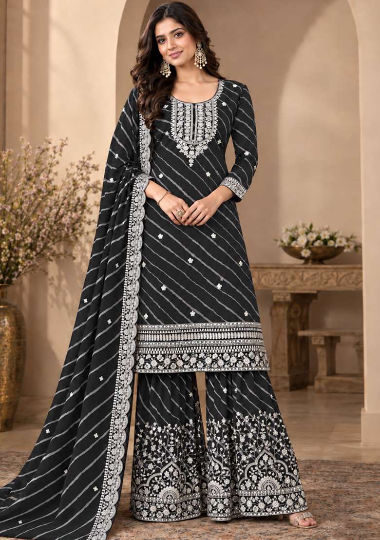 Black Embroidered Georgette Kurta Set - Indya