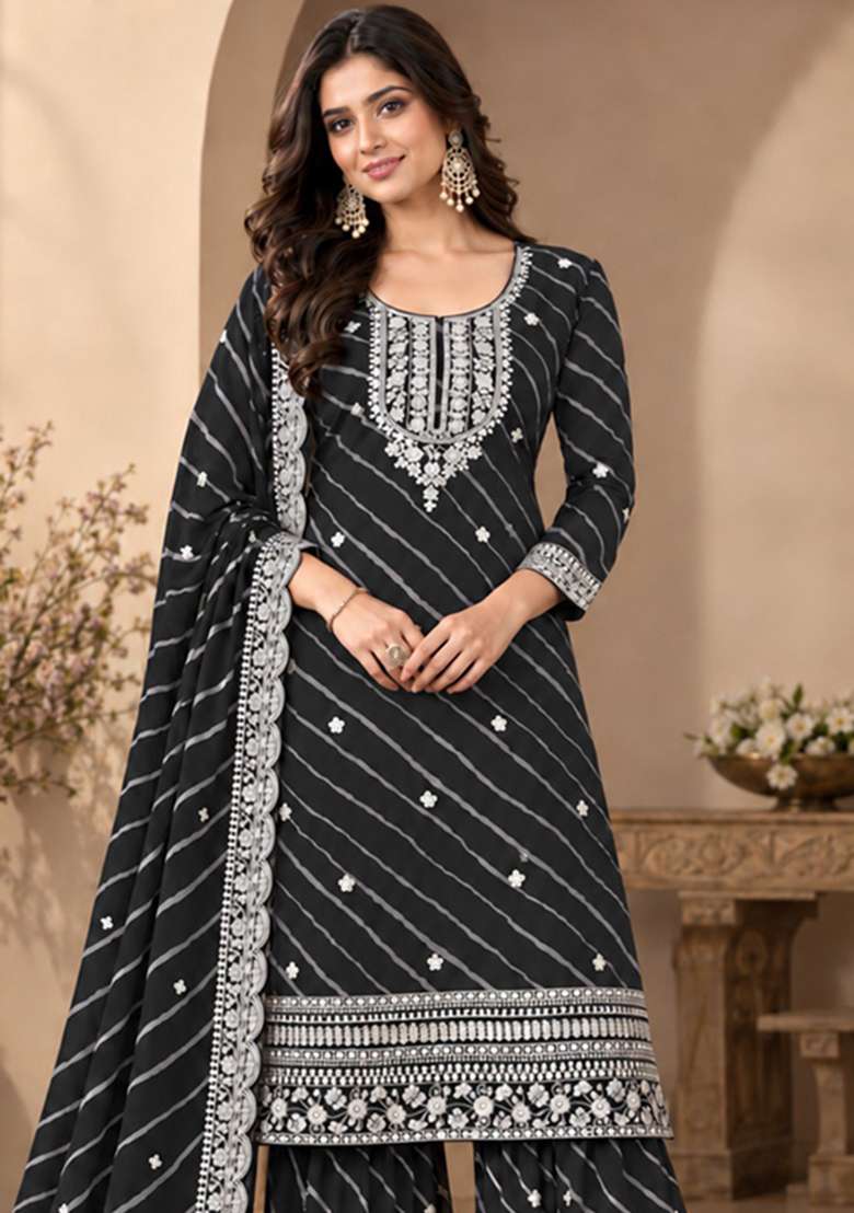 Black Embroidered Georgette Kurta Set - Indya