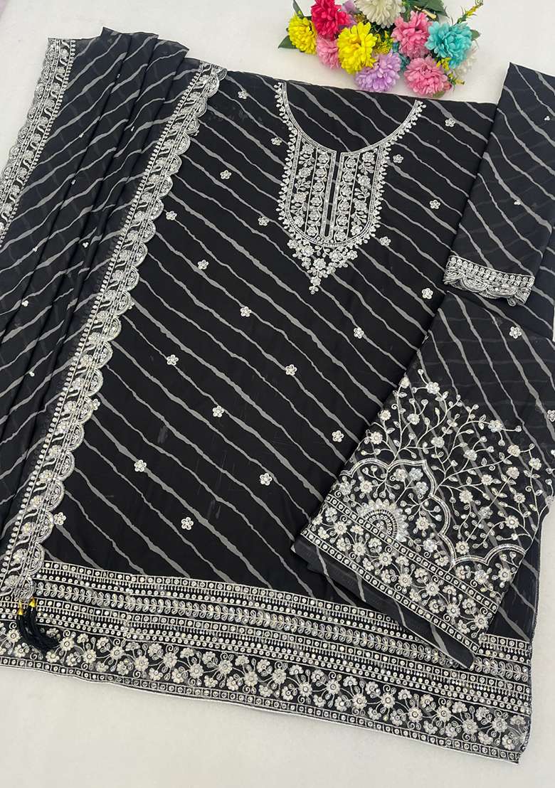 Black Embroidered Georgette Kurta Set - Indya