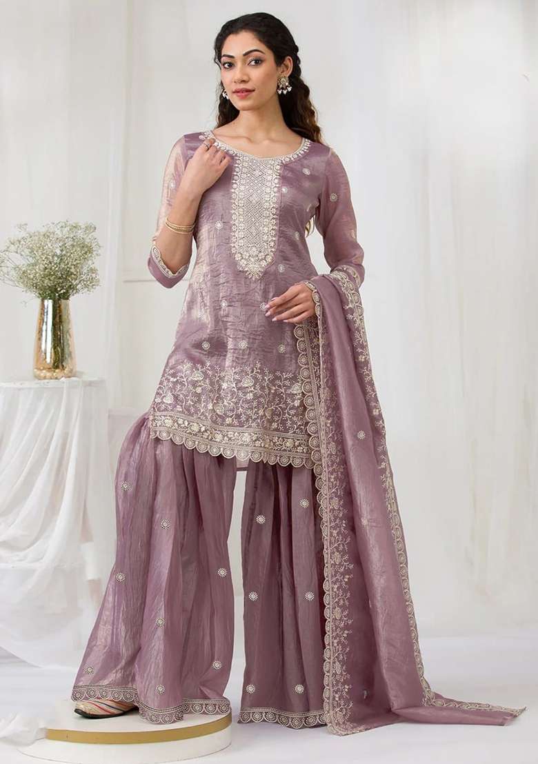 Pink Embroidery Silk Palazzo Set - Indya