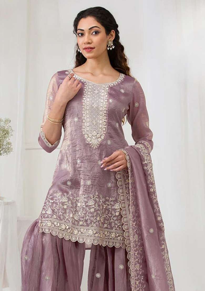 Pink Embroidery Silk Palazzo Set - Indya
