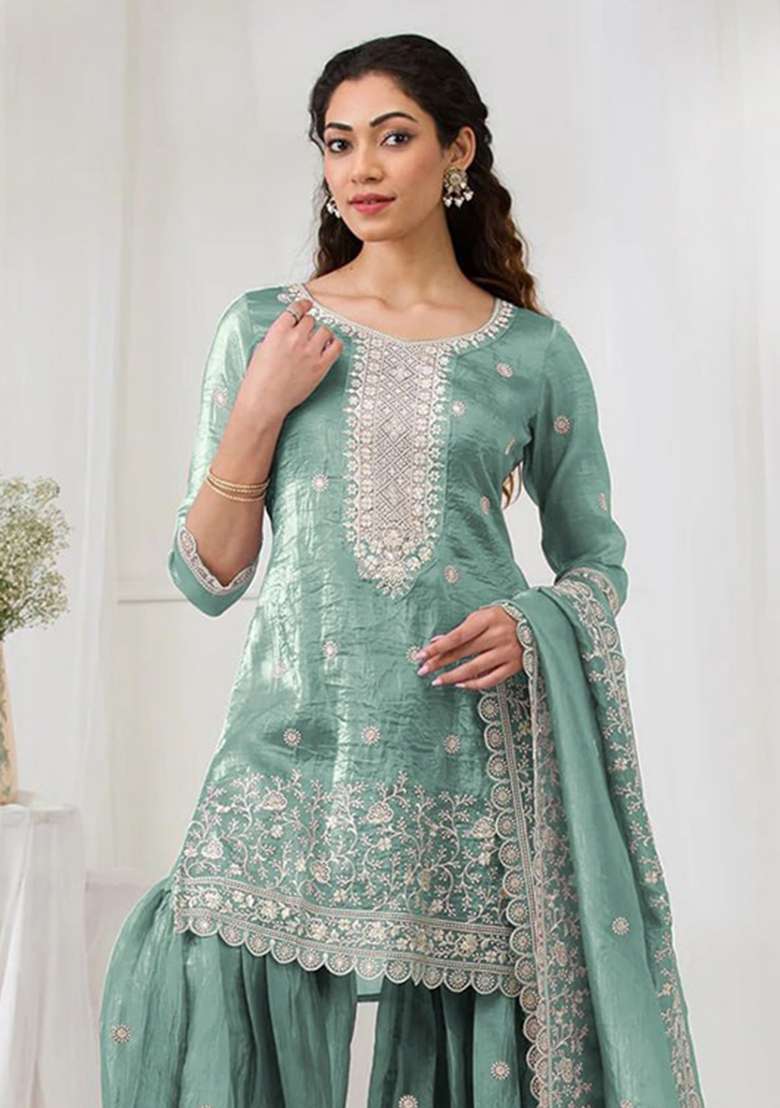 Sky Blue Embroidery Silk Palazzo Set - Indya