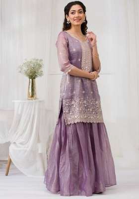 Purple Embroidery Silk Palazzo Set