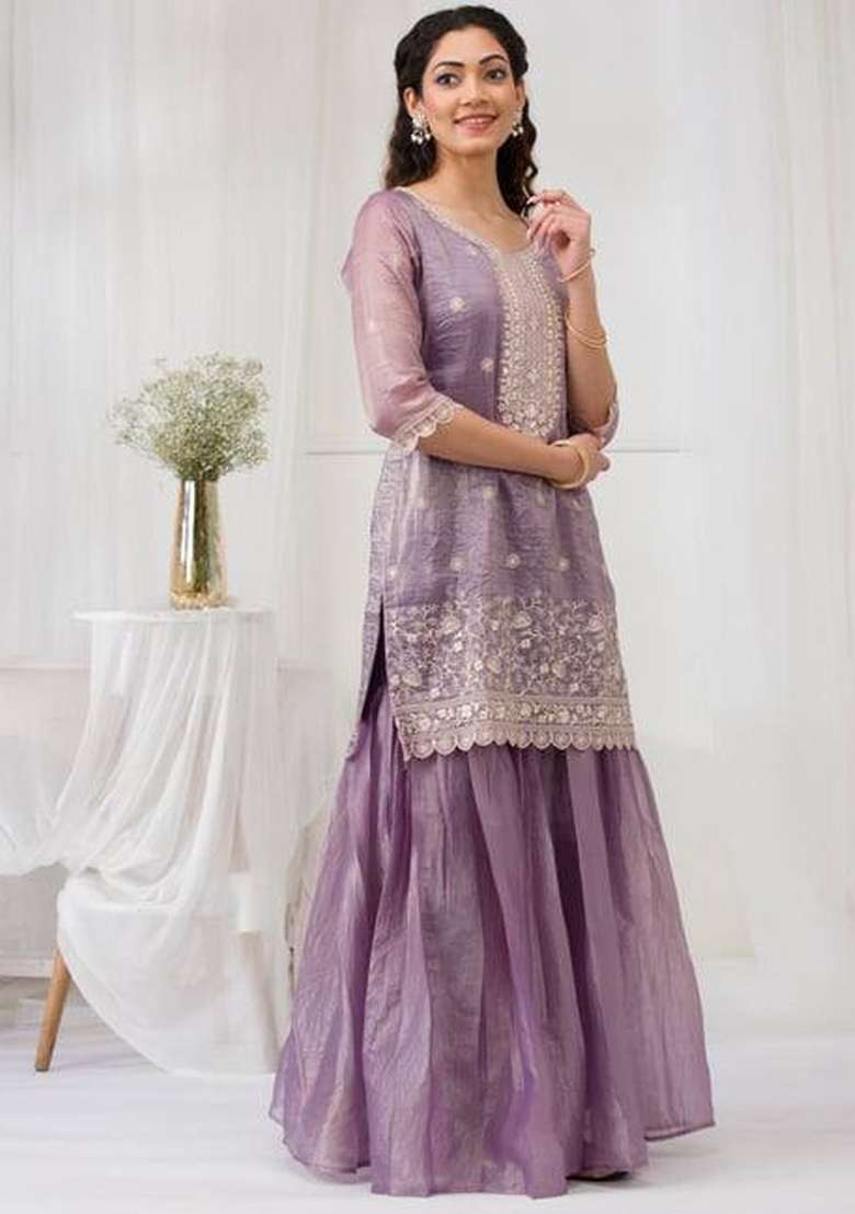 Purple Embroidery Silk Palazzo Set - Indya