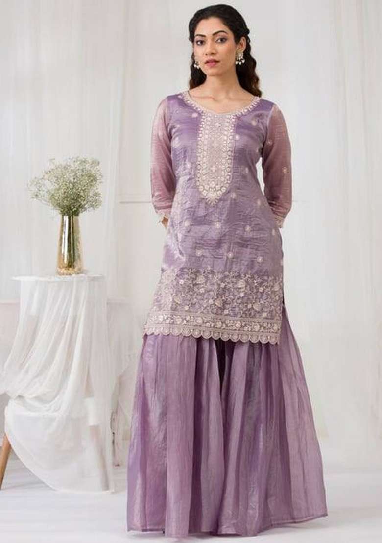 Purple Embroidery Silk Palazzo Set - Indya