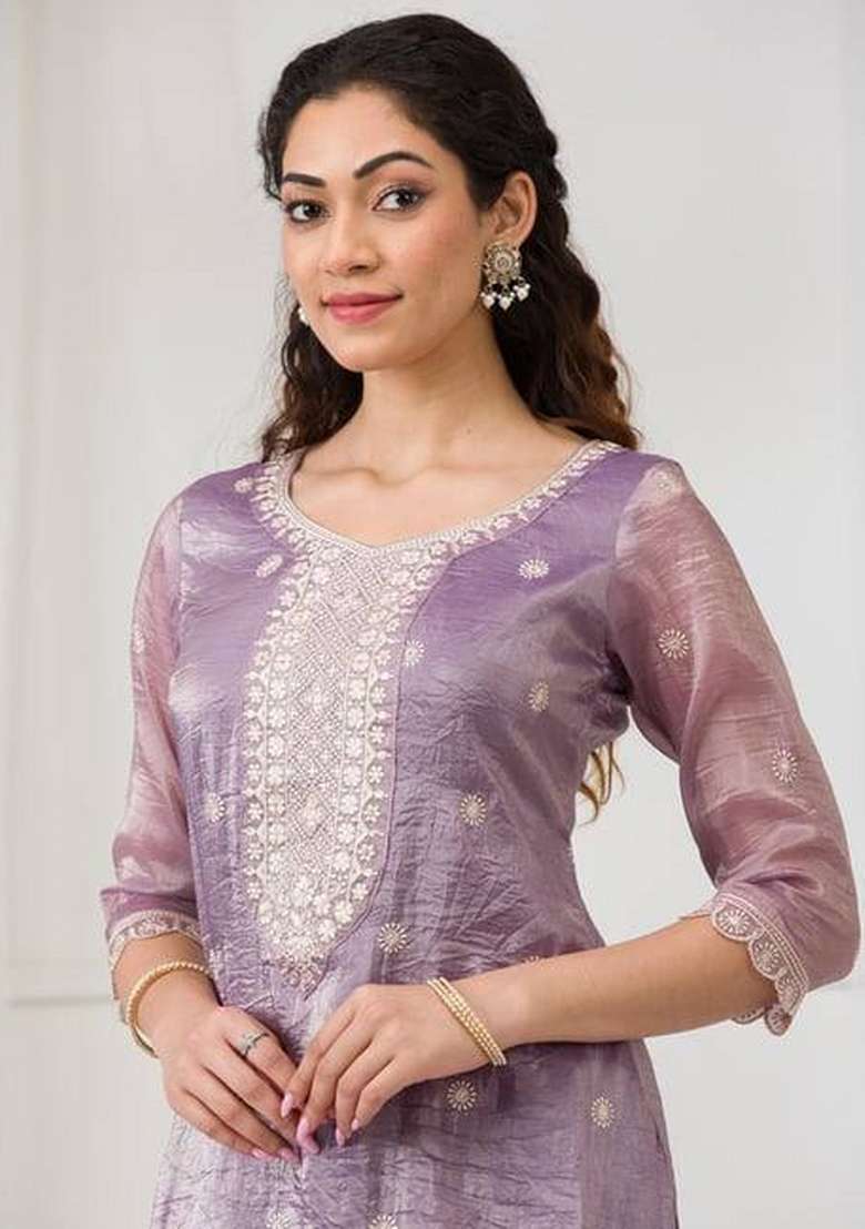Purple Embroidery Silk Palazzo Set - Indya