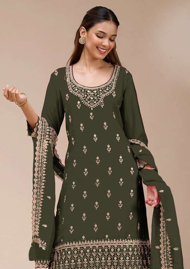 Mehendi Embroidery Silk Palazzo Set - Indya