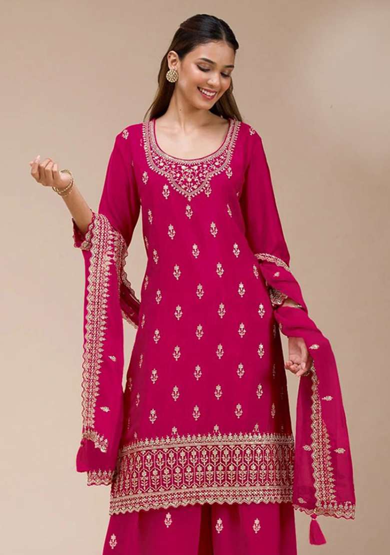 Pink Embroidery Silk Palazzo Set - Indya