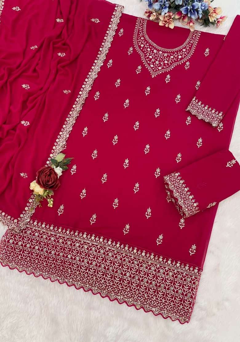 Pink Embroidery Silk Palazzo Set - Indya